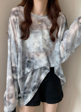 Grey Tie Dye Mesh Long Sleeves Top | Siyeon - Dreamcatcher