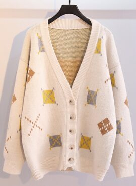 Beige Square Patterned Cardigan | Hoshi - Seventeen