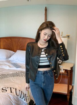 Black Faux Leather Collarless Jacket | Lisa - BlackPink