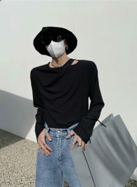 Black Hollow Collar Long Sleeve Shirt | Seonghwa - ATEEZ