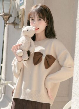 Beige Cute Bow Knitted Sweater