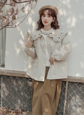 Beige Ruffle Collared Jacket