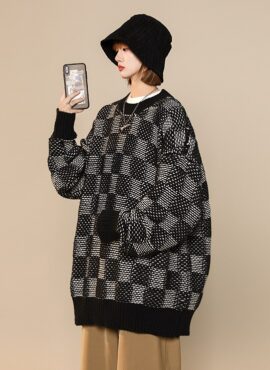 Black Checkerboard Loose Sweater