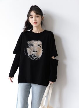 Black Cut-Out Sleeves Face Print T-Shirt