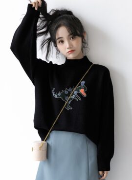 Black Dinosaur Embroidered Sweater