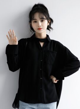 Black Long Sleeve Neck Strap Shirt