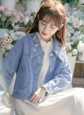 Blue Flower Embroidered Denim Jacket