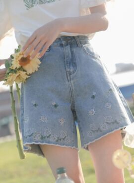 Blue Flower Embroidered Wide Denim Shorts