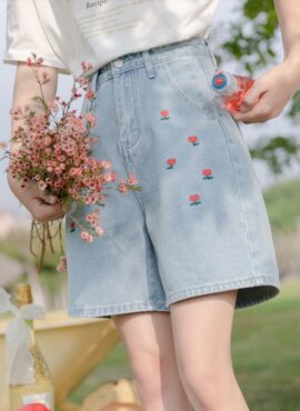 Blue High Waist Rose Embroidered Denim Shorts