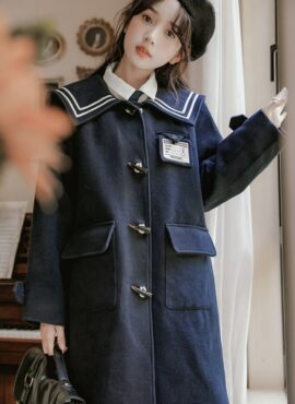 Blue Navy-Collar Long Coat