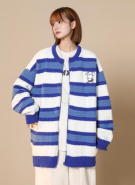 Blue Stripe Bunny Zipper Cardigan