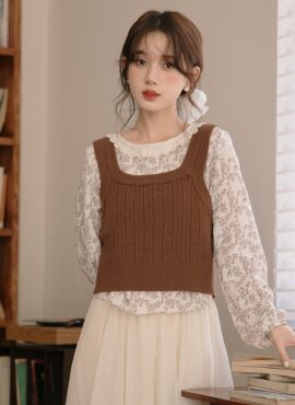 Brown Printed Blouse With Knitted Vest