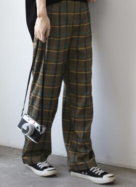 Brown Straight Plaid Pants