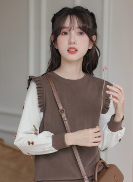 Brown Two-Piece Illusion Long Sleeve Blouse