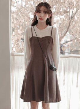 Brown Two-Piece Illusion Long Sleeves Dress