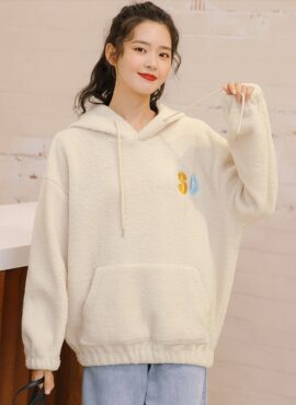 Creamy White Letter Embroidered Fleece Hoodie