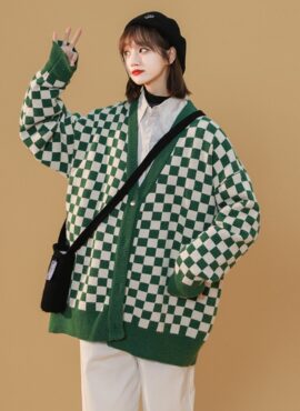 Green Checkered Loose Cardigan