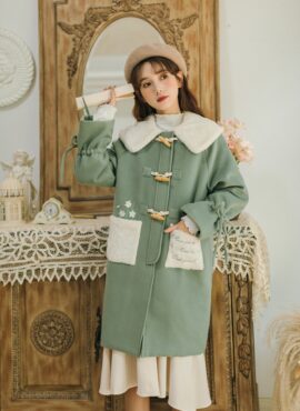 Green Fluffy Collar Buckle Coat