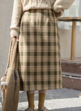 Green Plaid Mid-Length Skirt