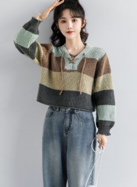 Grey And Brown Contrast Stripe Cropped Sweater