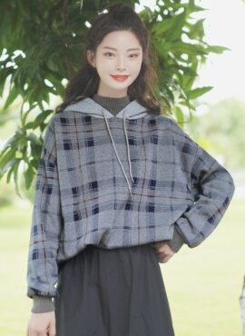 Grey Plaid Two-Piece Illusion Hoodie