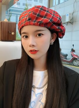 Red Black Plaid Beret | Leeseo - IVE