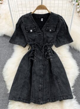 Black Puff Sleeve Denim Dress | Lisa - BlackPink