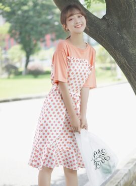 Orange Two-Piece Illusion Polka Dot Dress