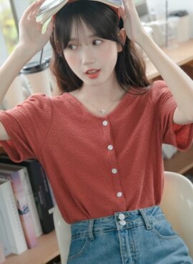 Red Textured Bell Sleeve Blouse