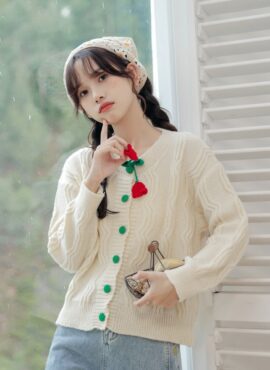 White Knitted Cardigan With Crocheted Rose