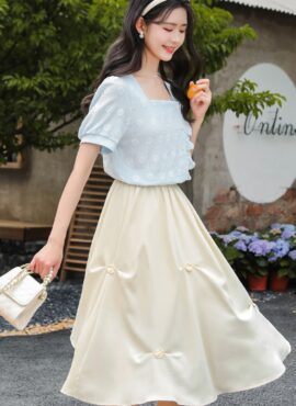 White Rose-Pinched Midi Skirt