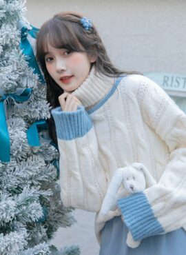 White With Blue Linings Turtleneck Sweater