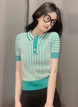 Green White Stripe Polo Shirt | Wonyoung - IVE