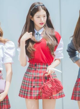 Red Side Pleat Plaid Mini Skirt | Wonyoung - IVE