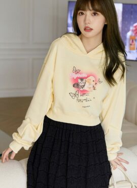 Yellow Kitty And Puppy Short Hoodie