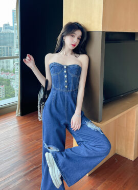 Blue Bustier Denim Jumpsuit | Jihyo - Twice