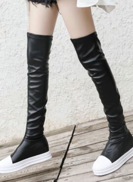 Black Faux Leather Flat High Boots | Ningning - Aespa