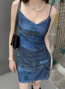 Blue Denim-Print Bodycon Dress | Mina - Twice