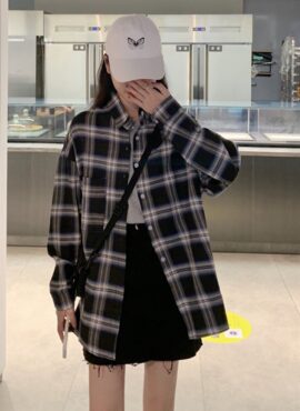 Black Oversized Plaid Shirt | Momo - Twice