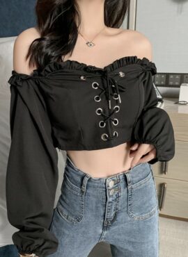 Black Off-Shoulder Lace Up Top | Wonyoung - IVE