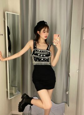 Rhinestone Bejeweled Black Dress | Wonyoung - IVE