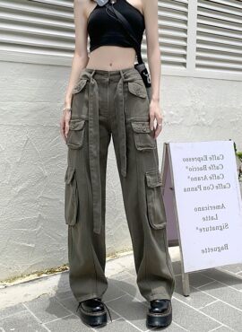 Grey Tie-Waist Cargo Pants