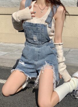 Blue Denim Ripped Jumper Overall | Jennie - BlackPink