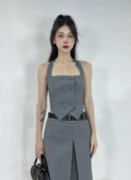 Grey Halter Neck Suit Vest | Jennie - BlackPink