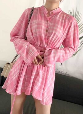 Pink Waist Cut-Out Plaid Shirt Dress | Jisoo - BlackPink