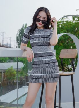 Grey Striped Knitted Dress | Rose - Blackpink