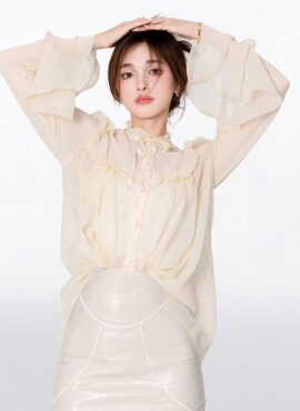 White Ruffled Button-Down Fairy Blouse | Jin Ha Kyung - Forecasting Love And Weather