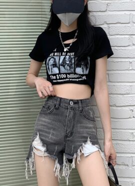 Grey Ripped Denim Shorts | Yeji - ITZY