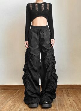 Black Ruched Wide Leg Pants | Chaewon - Le Sserafim