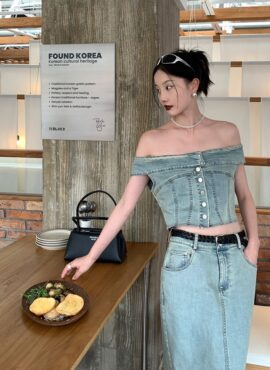 Blue Denim Off-Shoulder Crop Top | Chaewon - Le Sserafim